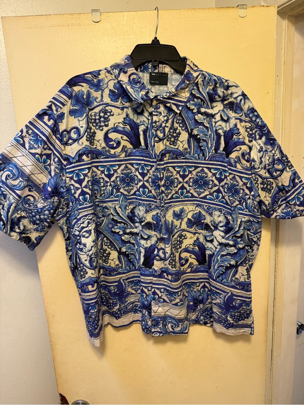 ASOS DESIGN boxy oversized printed shirt in blue and white